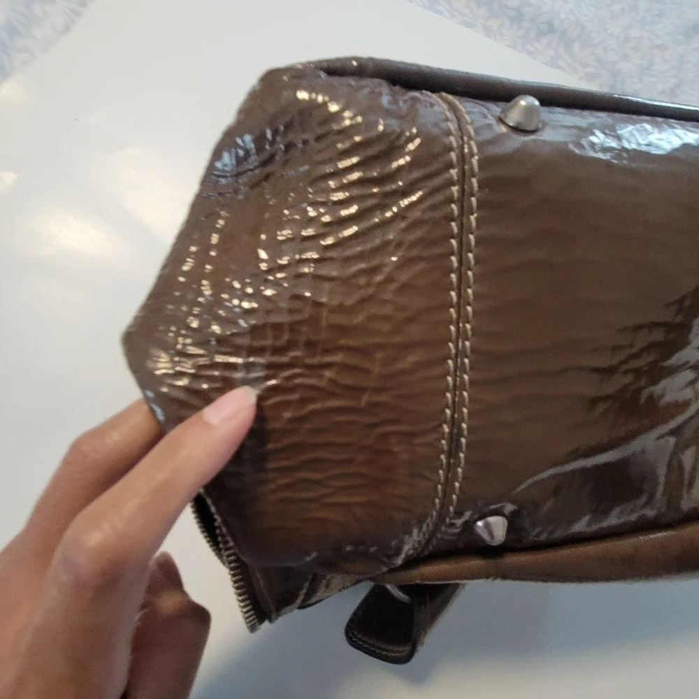 Chloe Bay Quilted Patent Leather Satchel Bag.
